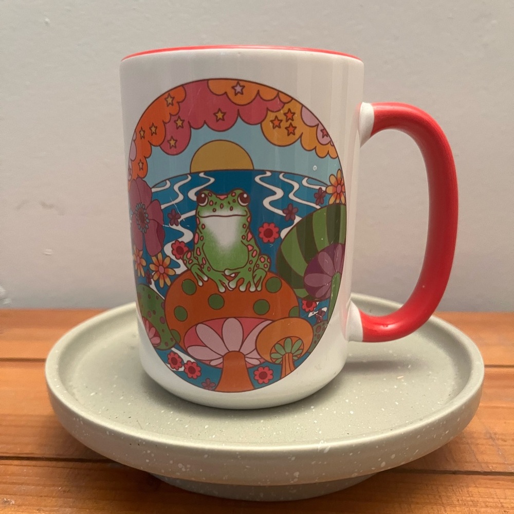 Vintage Frog Groovy Mushroom Coffee Cup Mug Ceramic 60s 70s Retro Peace Mod Red